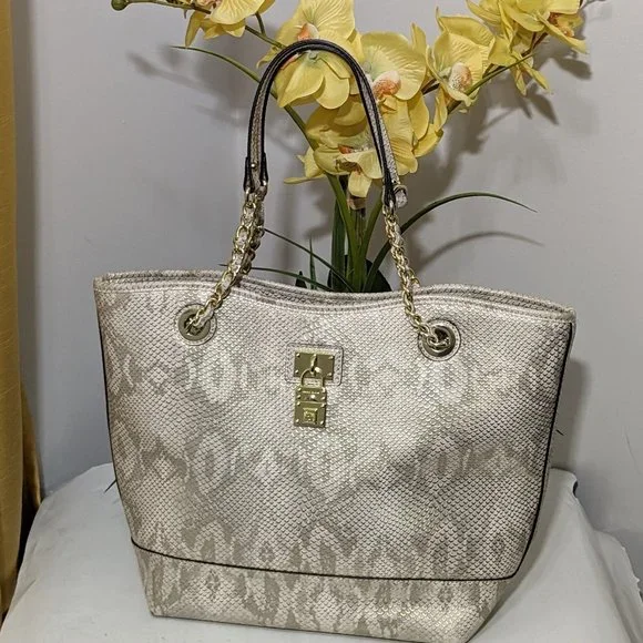 Anne Klein Shoulder Bag Purse, Off White, Snake Skin Look Gold Accents - Picture 1 of 13